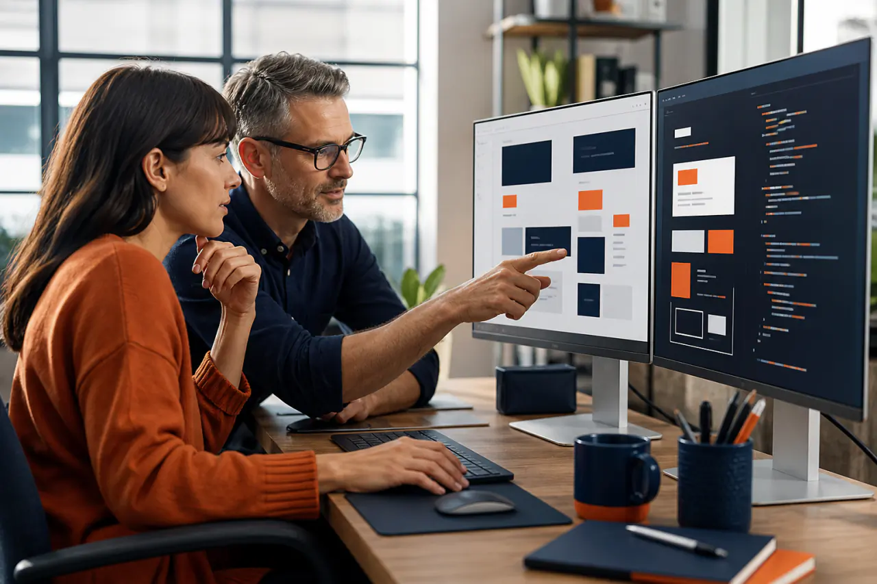 CodeCrafton designer and developer working together on a website project