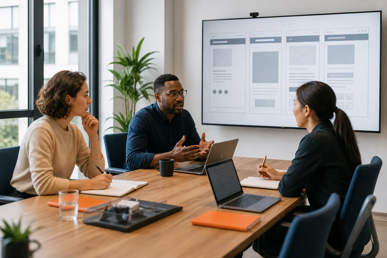 CodeCrafton web design and development team collaborating in a modern office