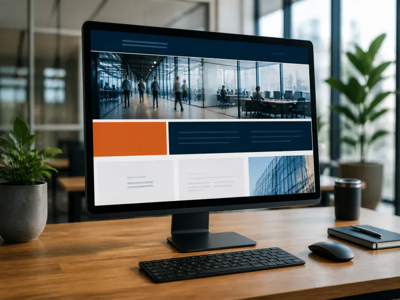 Corporate website design on a desktop showing a professional brand homepage