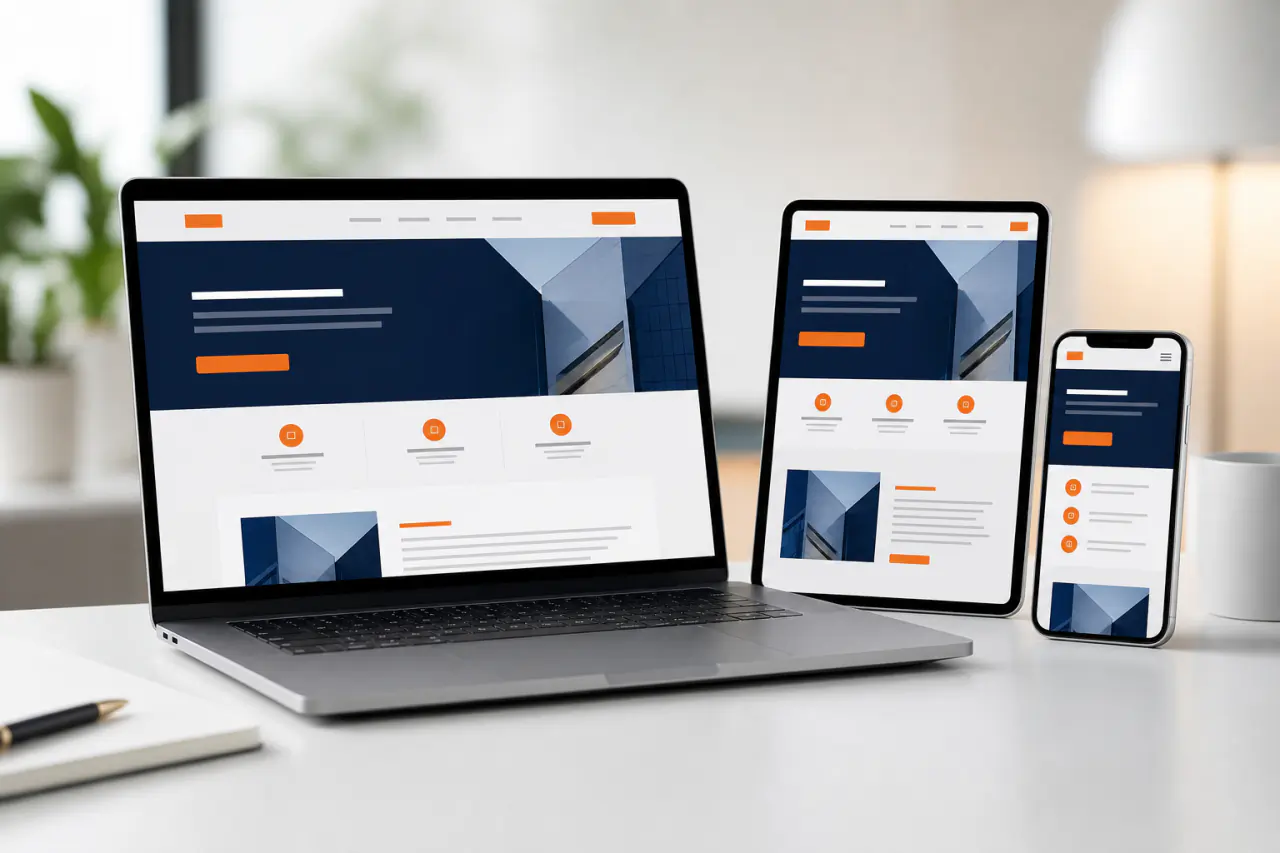 Responsive website design shown on laptop, tablet, and smartphone