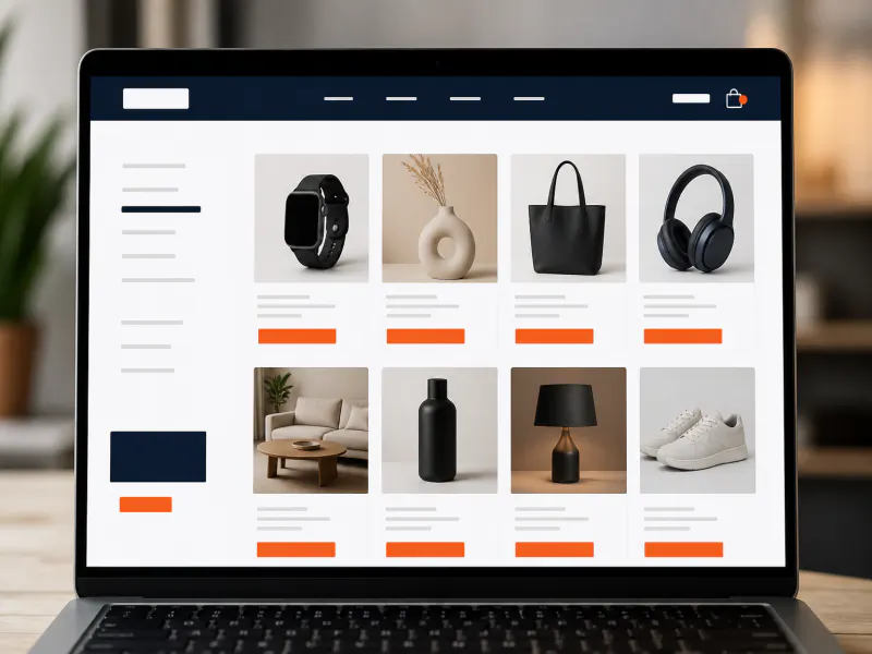 E-commerce website design mockup with product grid and checkout-focused layout