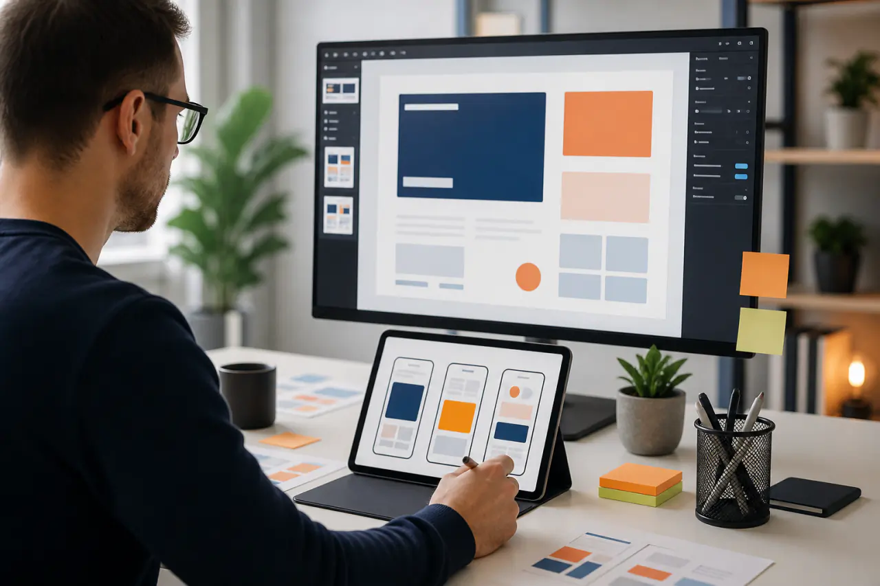UI/UX designer creating a conversion-focused website layout and mobile wireframes