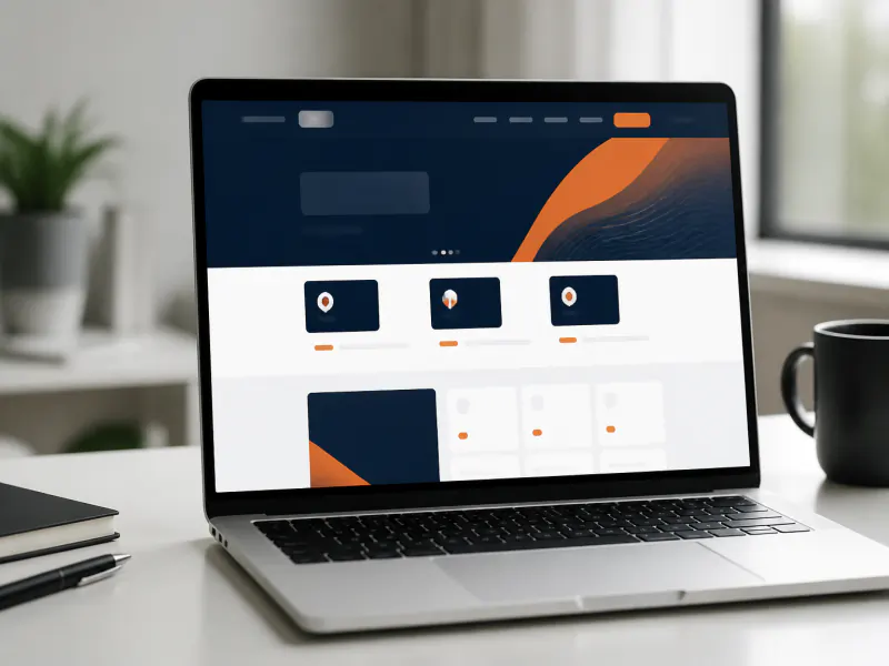 Custom business website on a laptop with a clean navy and orange homepage layout