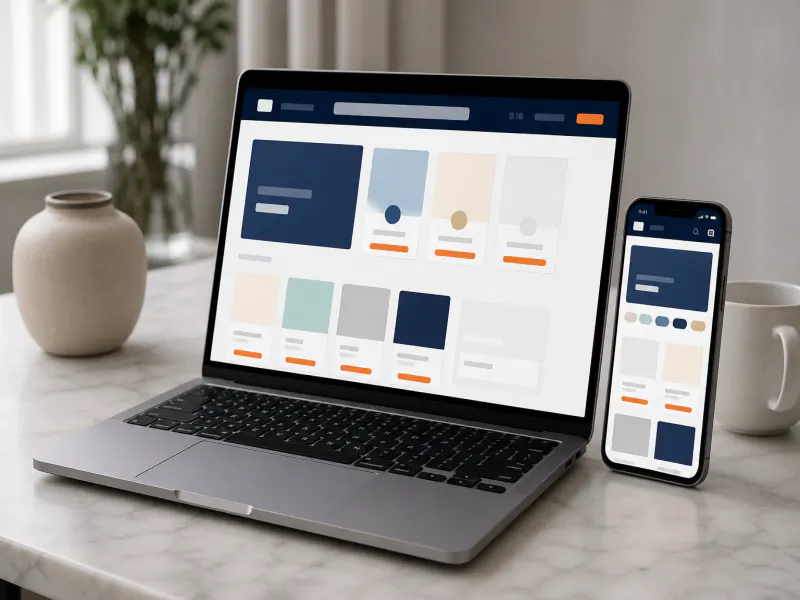 E-commerce website shown on laptop and smartphone with product cards and checkout